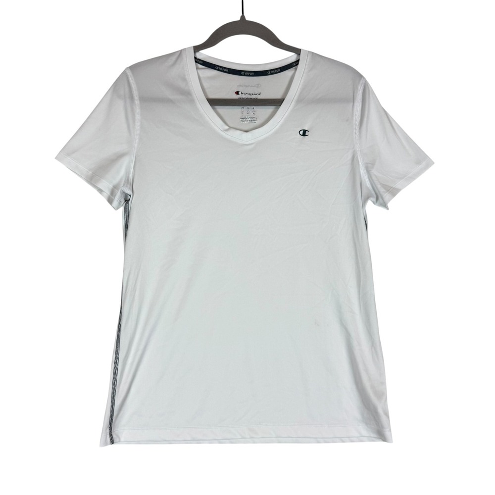 Champion Vapor Shirt Womens Large White V Neck Short Sleeve Athletic Tee